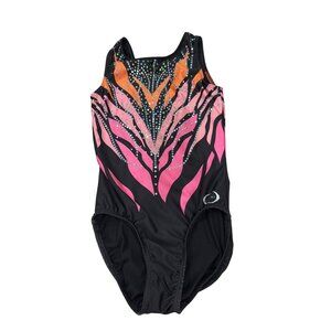 Ozone One-Piece Gymnastics Leotard Black With Pink/Orange Abstract Design & Rhin
